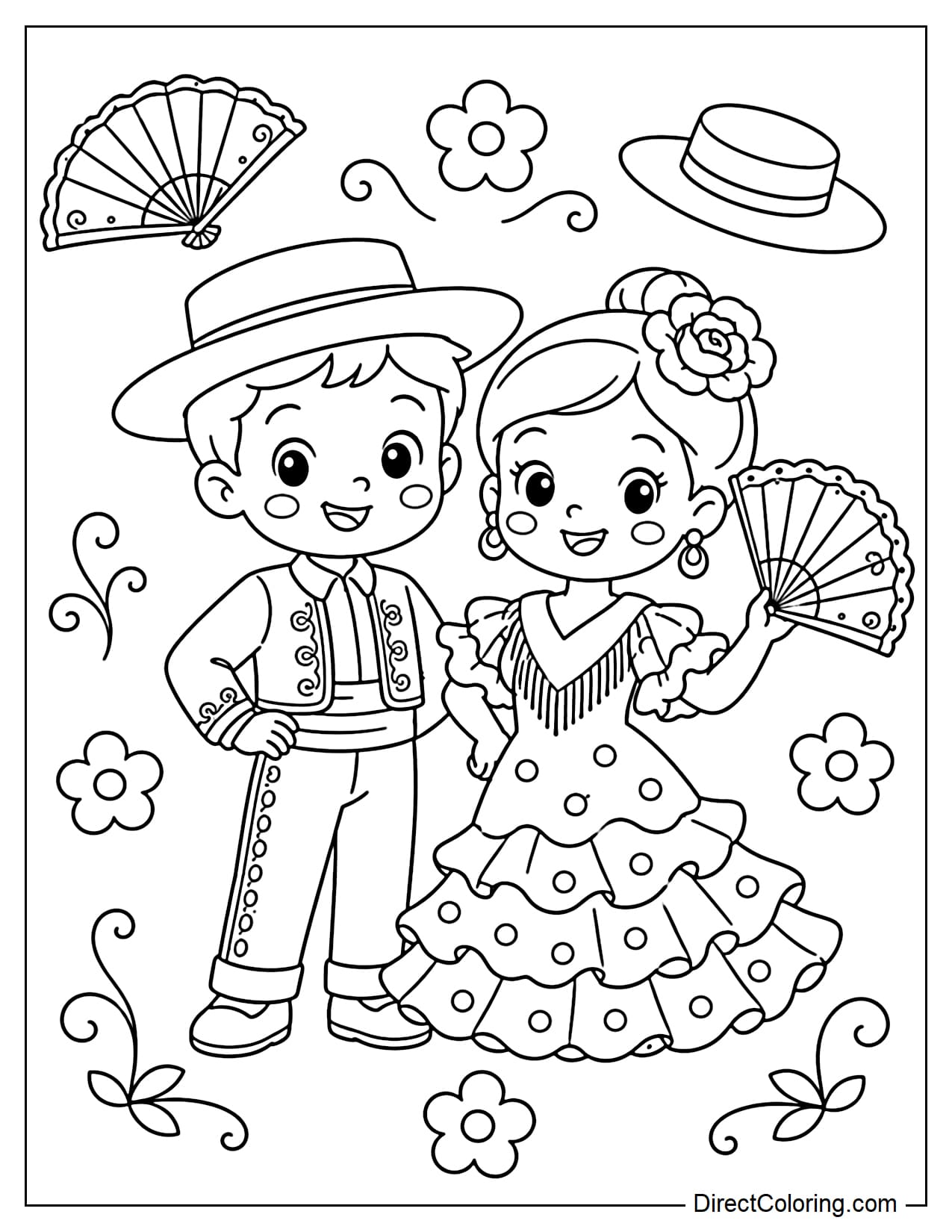 A boy and girl in traditional Spanish costumes, standing next to each other, smiling happily, with added details such as fans, hats, and decorative flowers.