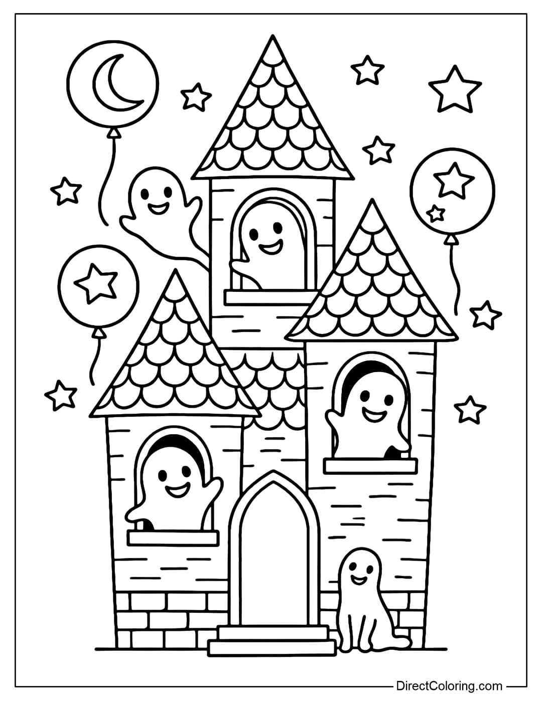 A haunted house coloring page with many cute little ghosts peeking out from the window.