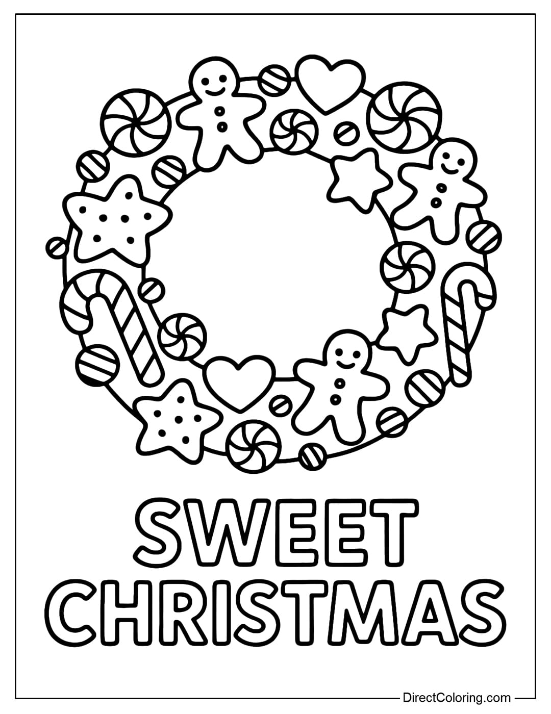 Sweet Christmas Wreath Coloring Page Coloring page of a wreath made of candy and cookies, with the word Sweet Christmas below.