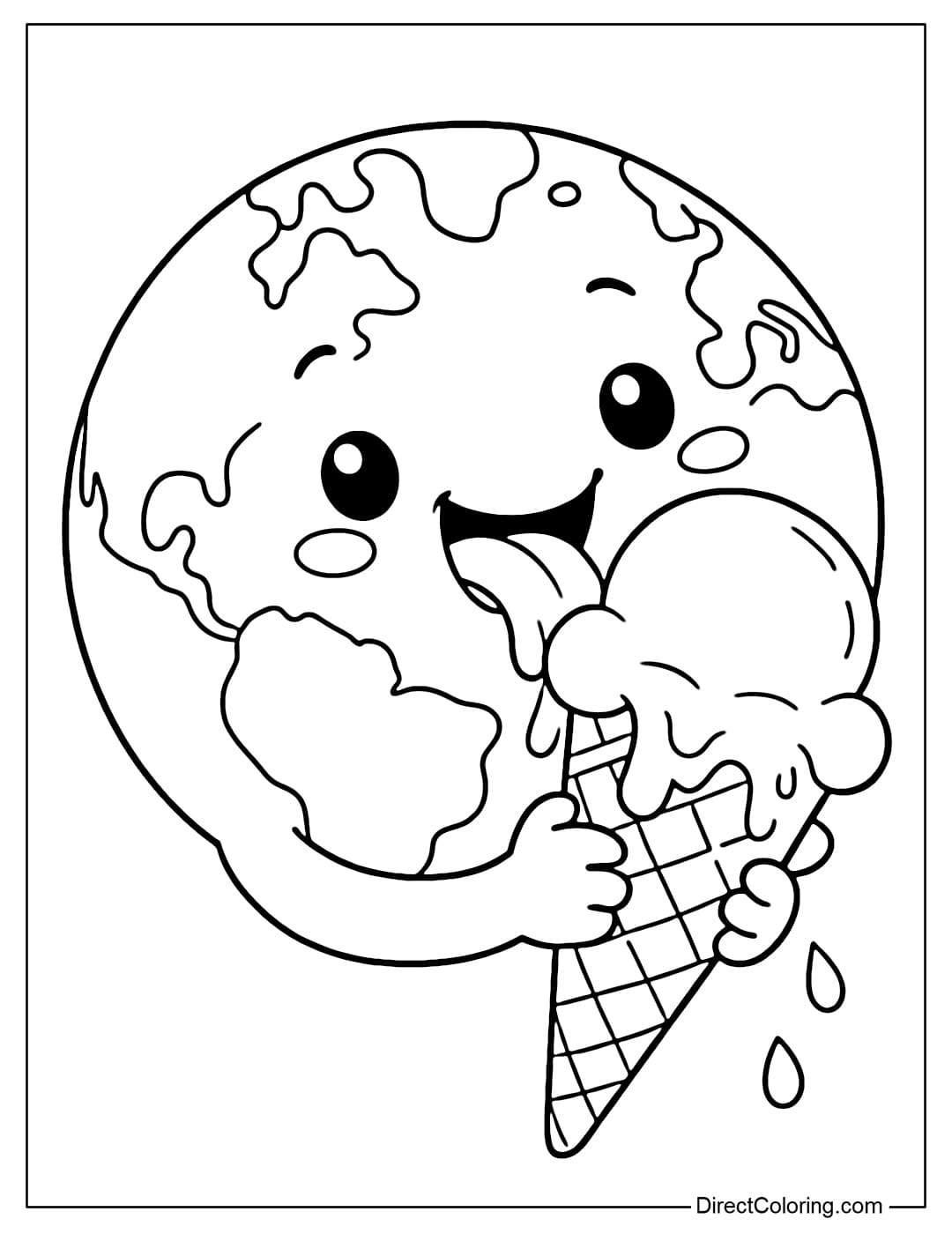 A coloring page of an adorable cartoon Earth holding a large ice cream cone and enjoying it with a happy face.