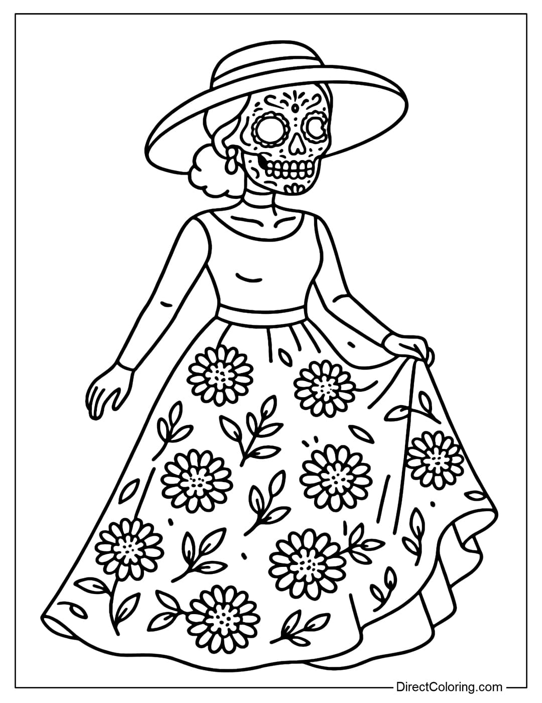 A coloring page of La Catrina wearing a wide-brimmed hat, a long dress covered with marigold flowers, and a skull face decorated with patterns.