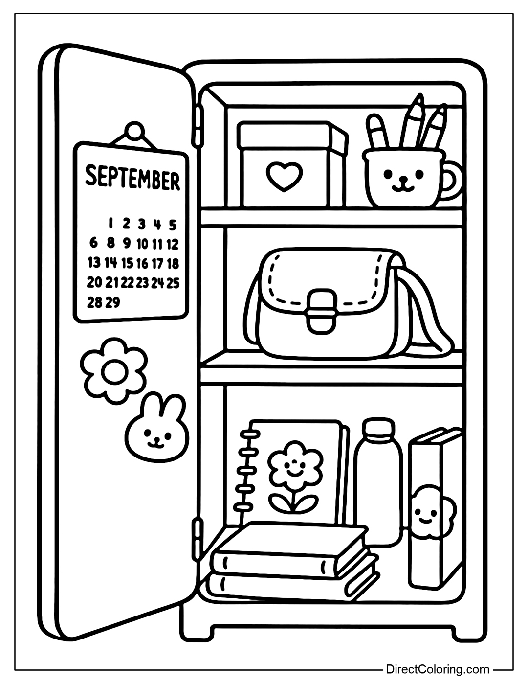 Coloring page of a student locker with an open door, September calendar, cute stickers, and decorative school supplies.