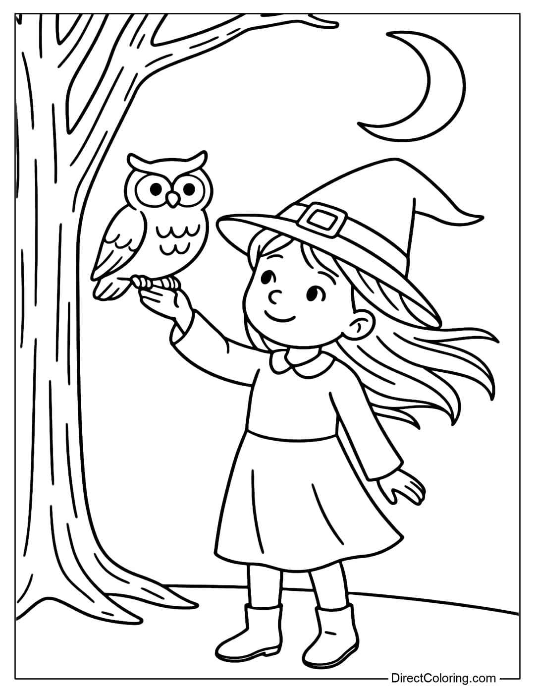 A witch girl coloring page standing under a tree, holding out her hand for the owl to perch on.
