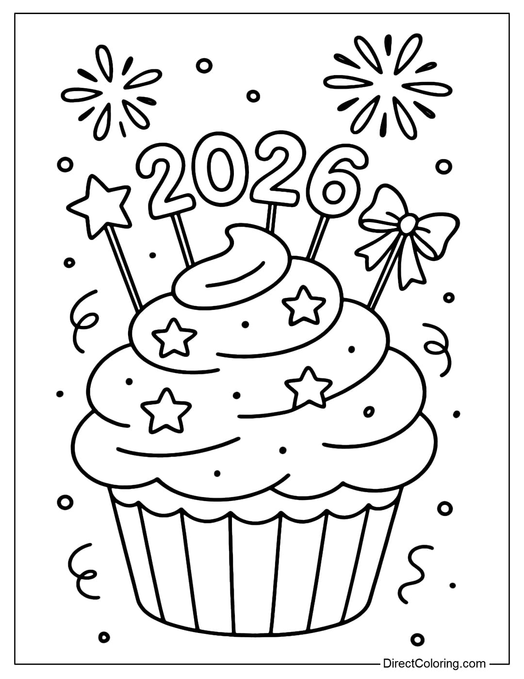 A coloring page of a New Year cupcake with 