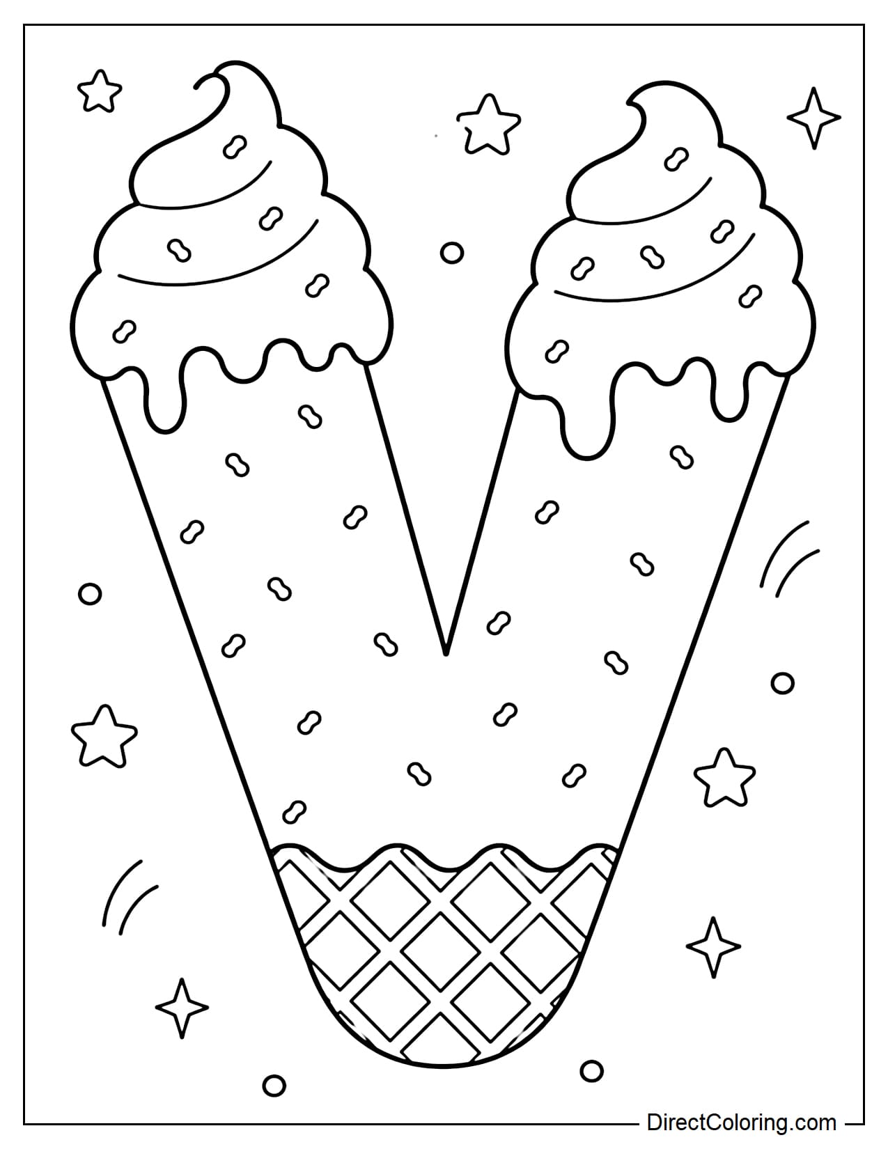 A large, bubble-shaped capital letter V made from soft-serve ice cream, with a lightly melted cream topping, sprinkles scattered throughout, and a waffle-like texture at the base. Surrounding it are a few small stars and dots.
