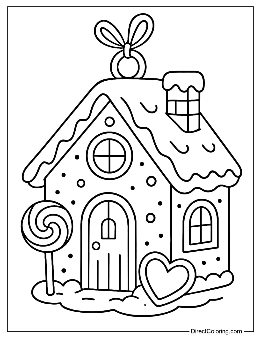 Candy house ornament coloring page, snow-covered roof, round windows, lollipops and heart-shaped cookies.