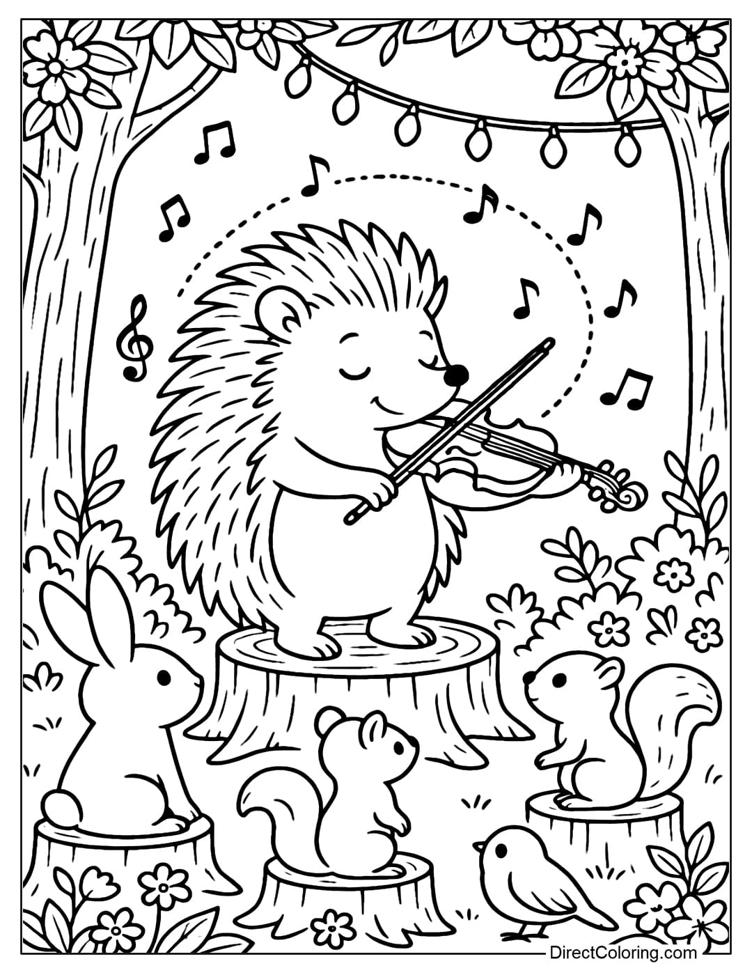 Hedgehog Playing Violin Coloring Page A hedgehog coloring page is holding a violin, playing with musical notes flying around.