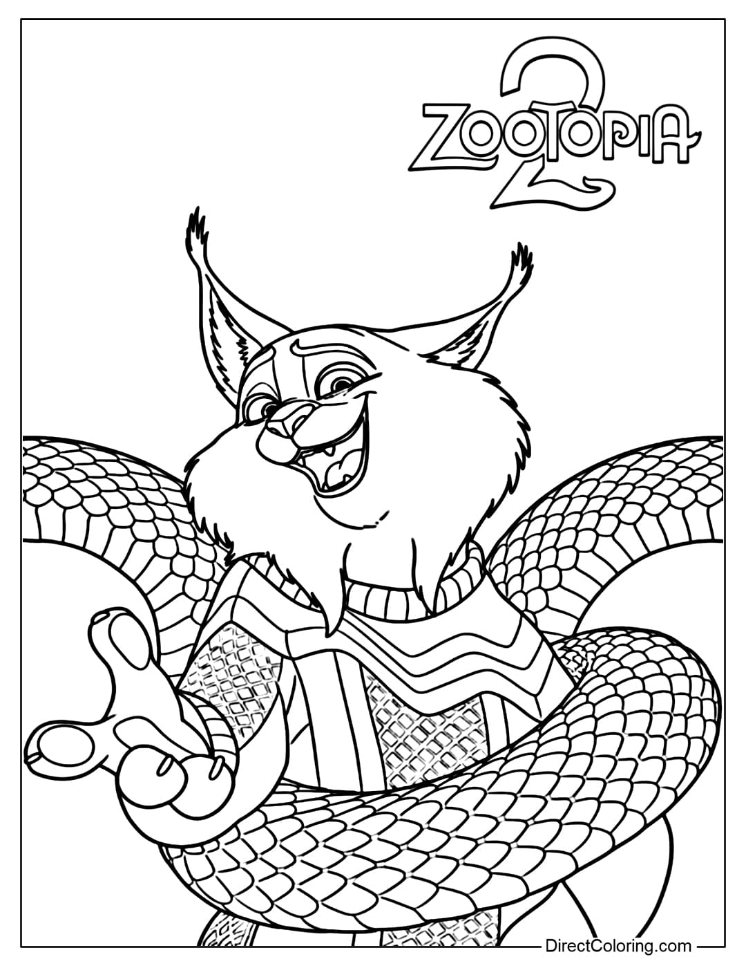 A coloring page of Milton Lynxley with a mischievous grin and confident stance, surrounded by Gary the snake.
