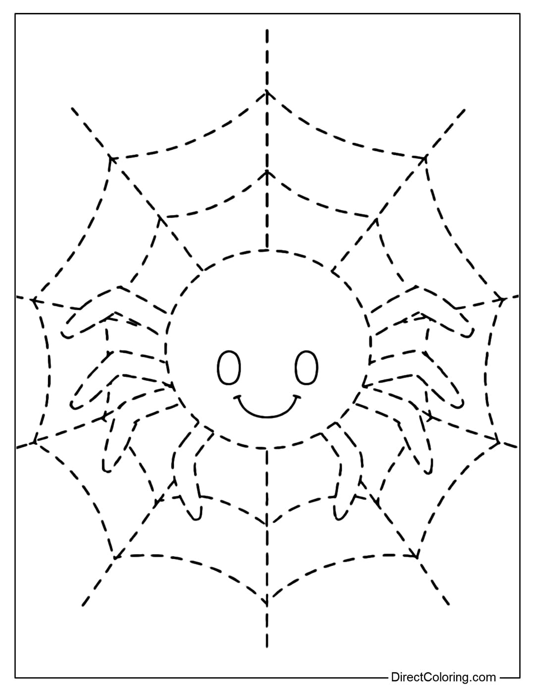 Spider web tracing coloring page, in the middle is a smiling spider.