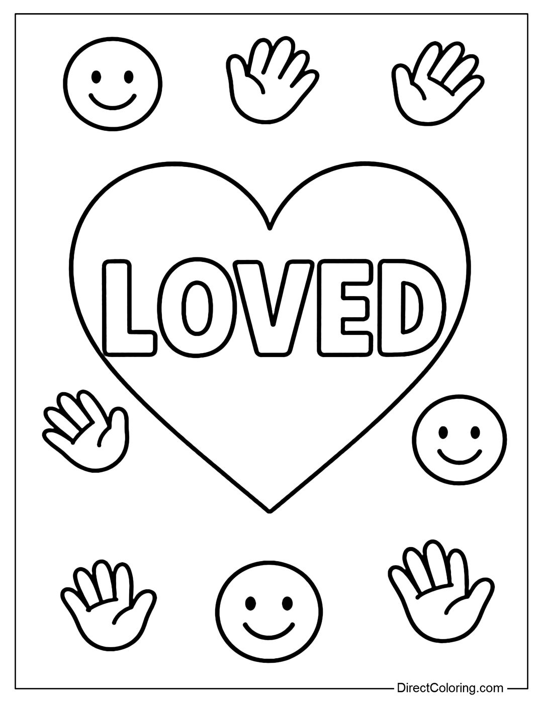 Loved Coloring Page is located in a big heart, surrounded by hugs and smiling face icons.