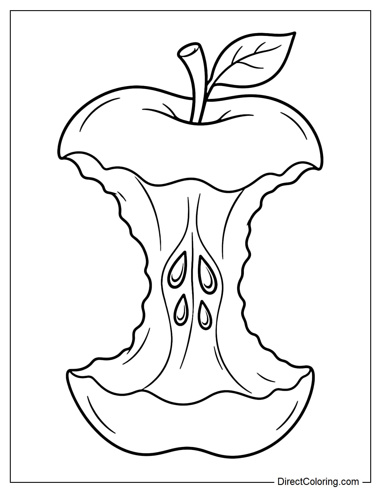 A large apple core with most of the flesh eaten away from both sides, leaving wider sections at the top and bottom, along with the stem and a small leaf.