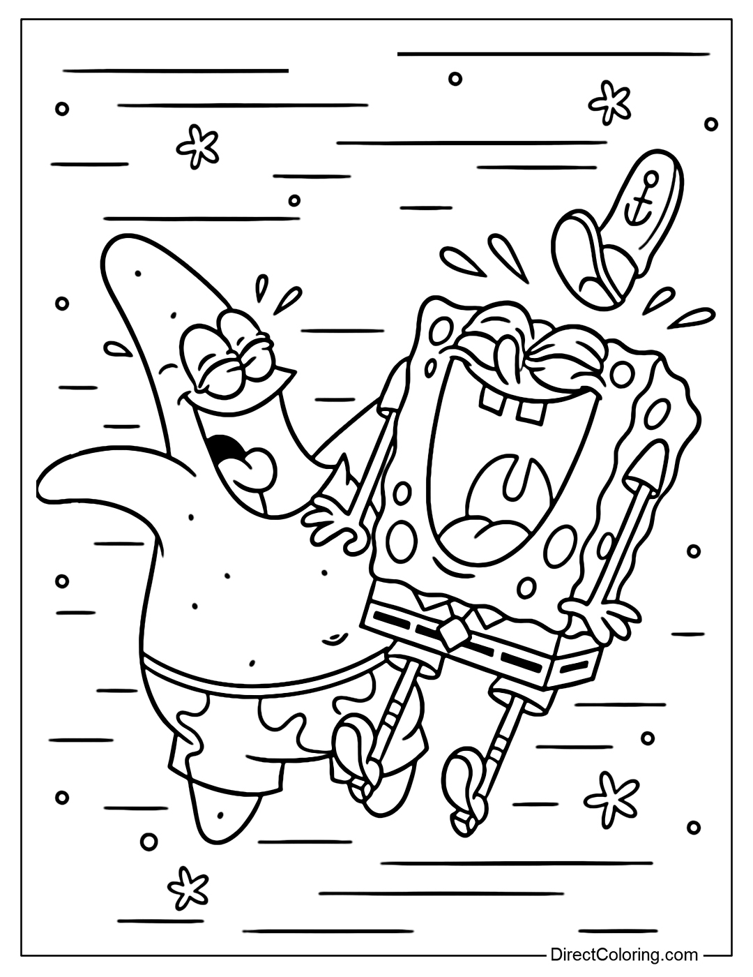 Coloring Page of Patrick and SpongeBob are bursting into laughter, holding onto each other with joy. Their expressions are full of excitement, with tears of laughter in their eyes. It’s a perfect capture of their fun-loving friendship.