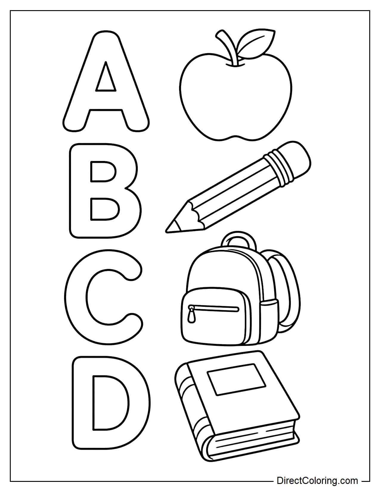 The letters A, B, C, D are each associated with a simple school supply such as an apple, pencil, backpack, or book.