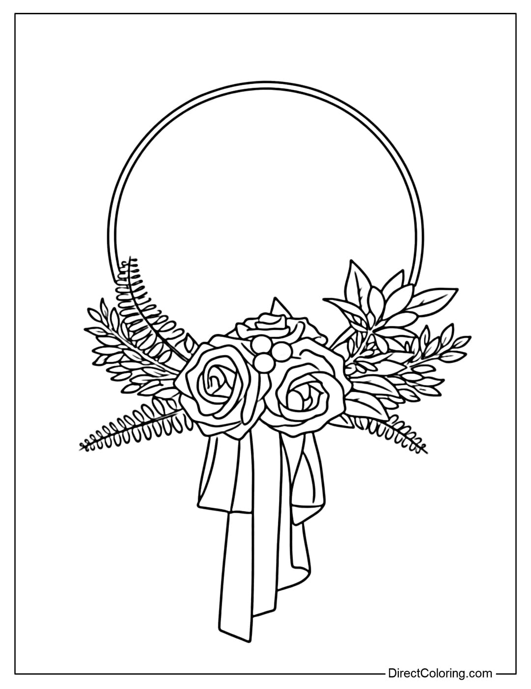 A coloring page for a round wedding wreath with roses, decorative leaves, and soft ribbons.