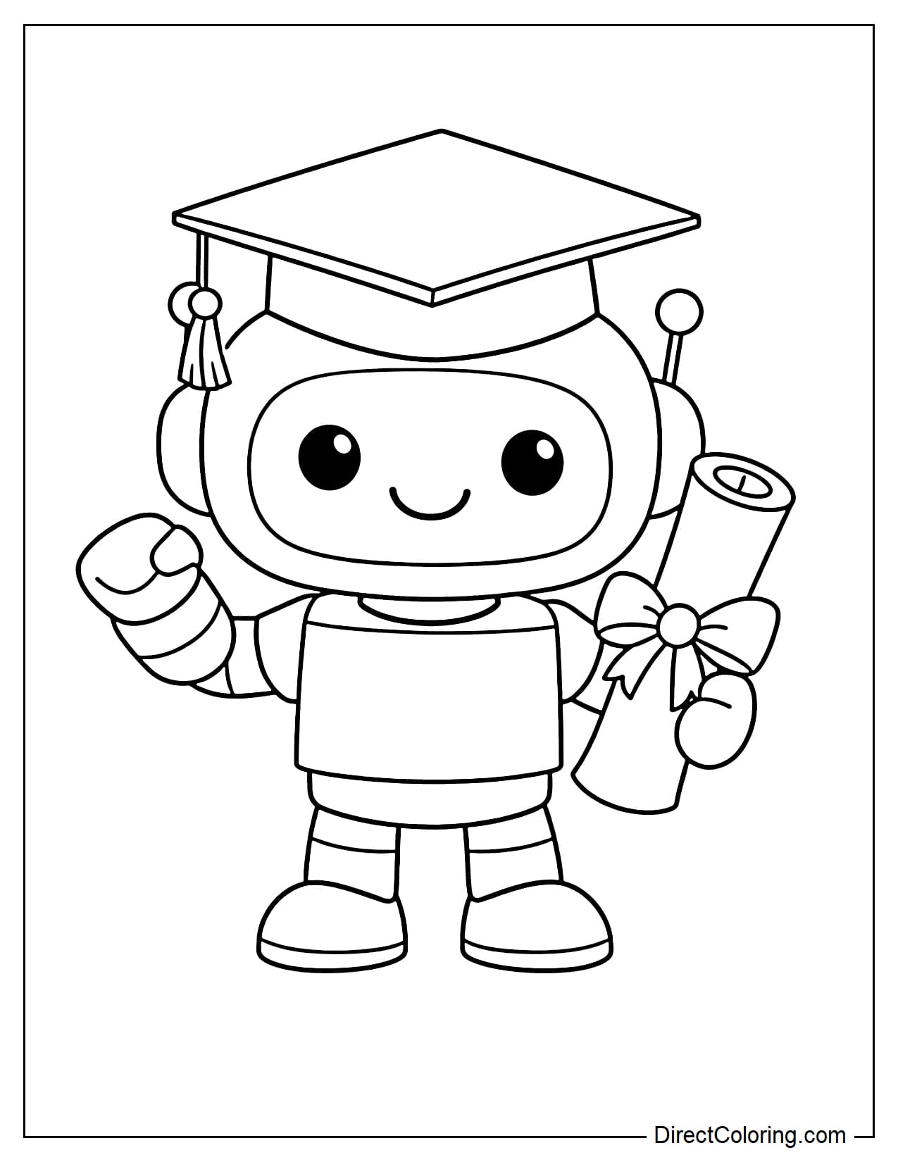 A cute robot holding a graduation diploma.