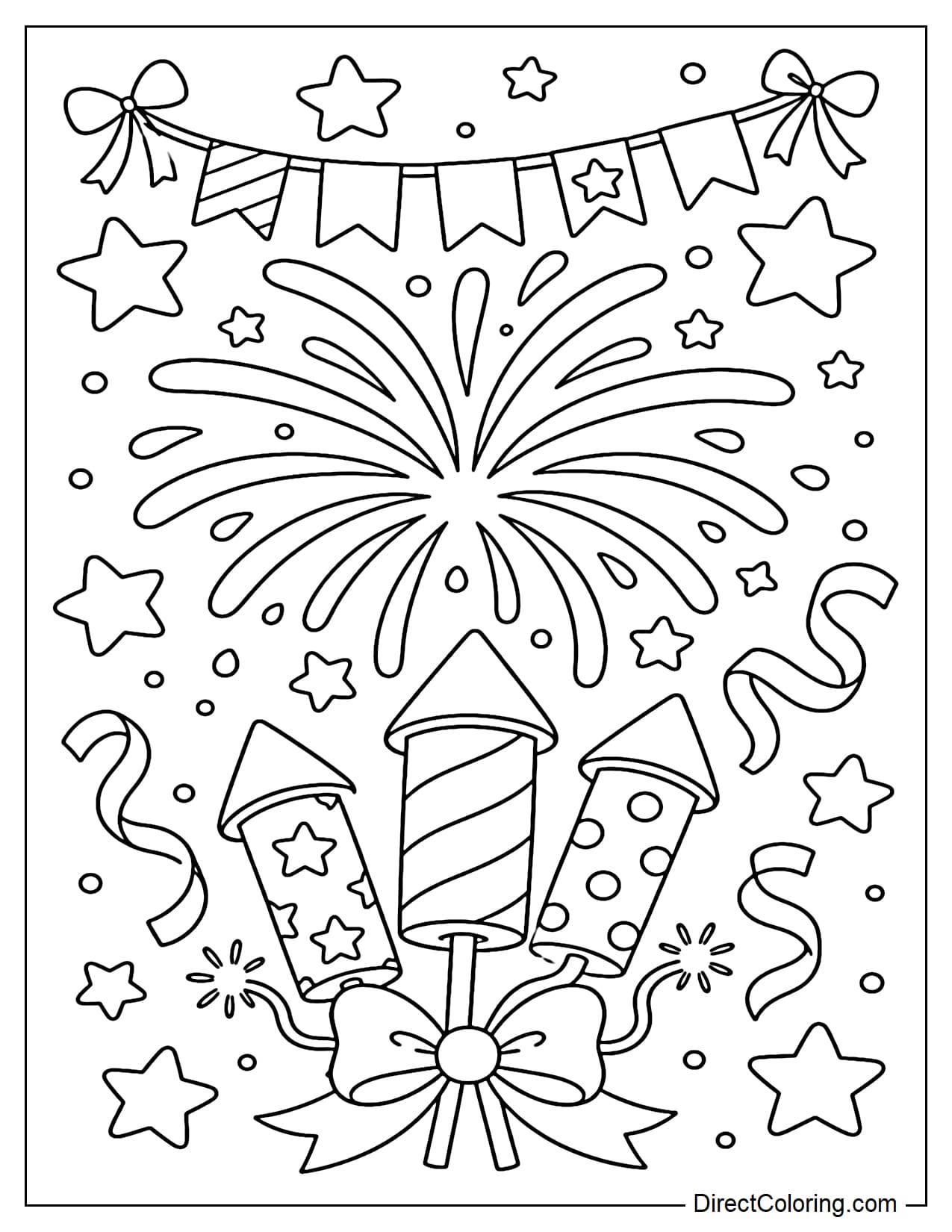 Holiday fireworks with small flags, ribbons, and large stars flying around.