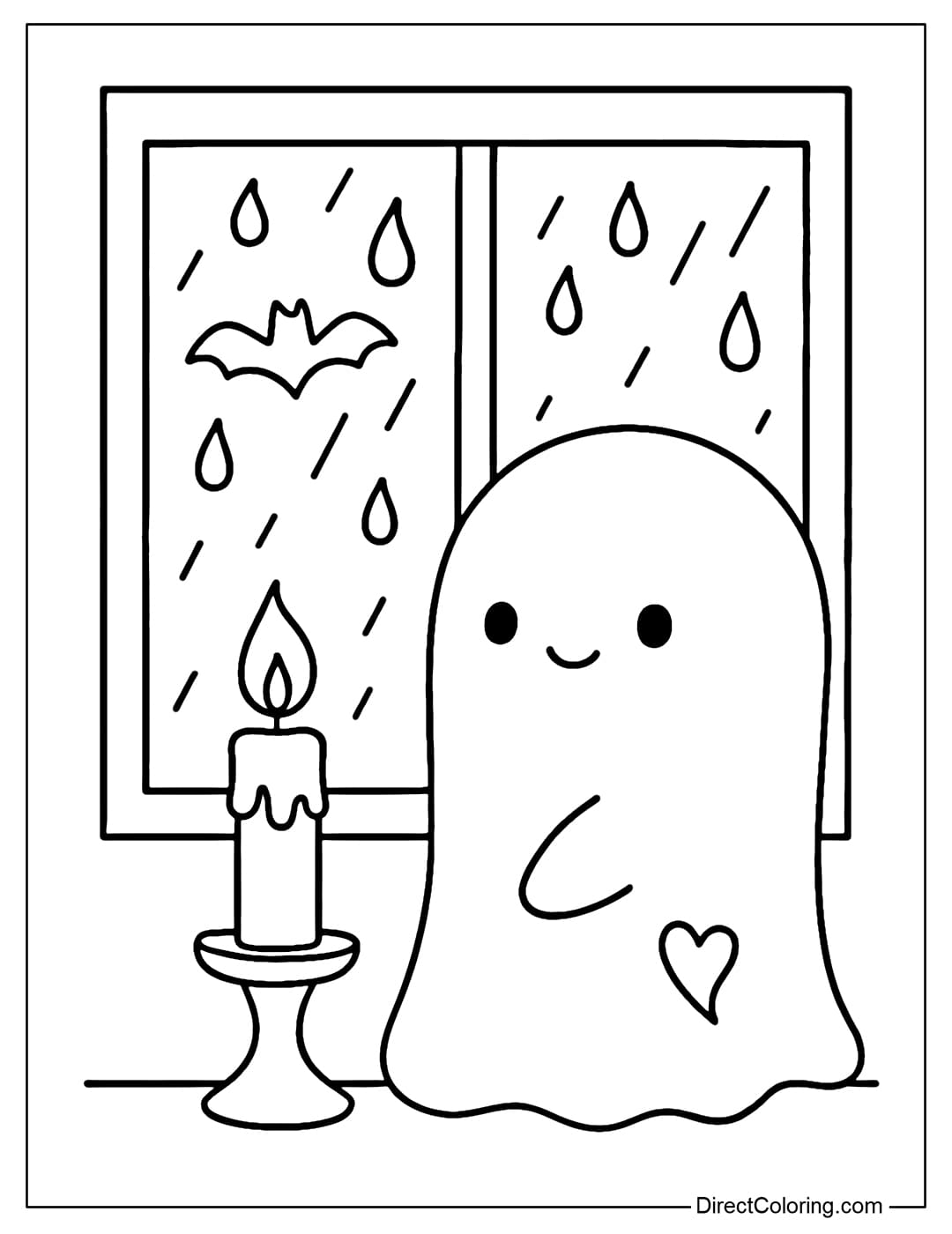 Coloring page of a light rain scene, a ghost looking out the window, water drops on the glass, warm candlelight in the room.