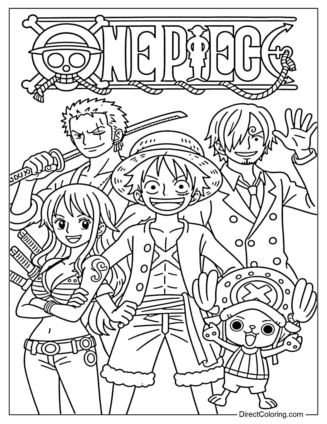 The five members of the Straw Hat Crew (Luffy, Zoro, Nami, Sanji, Chopper) pose amicably together, with the 
