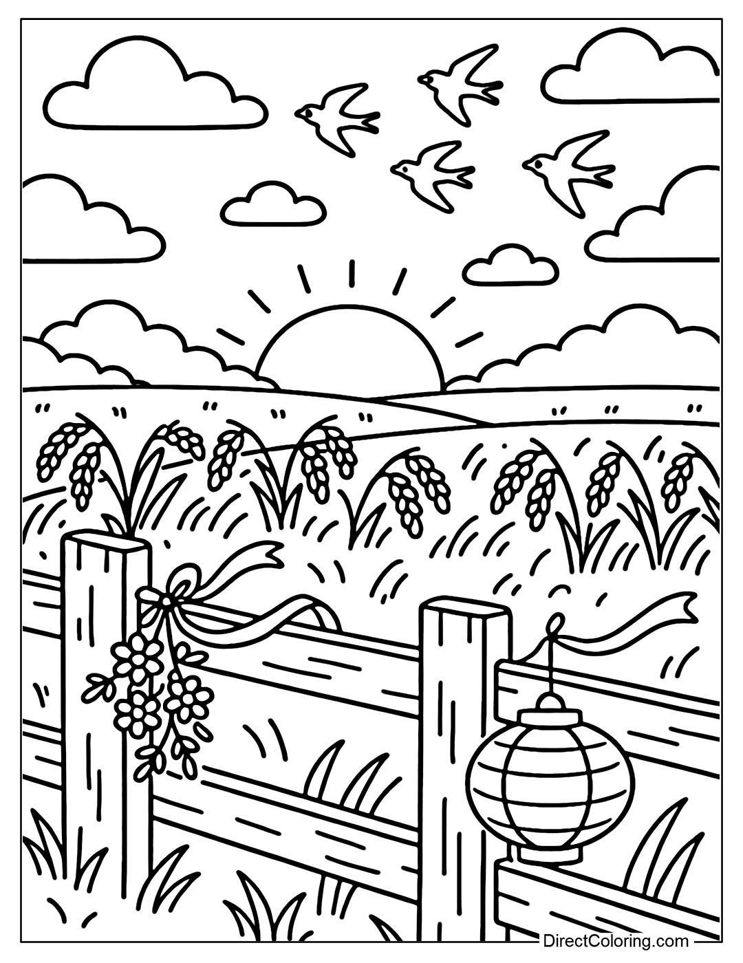 Coloring page of a fence under the golden sunset, a ripe rice field, a flock of birds flying back to their nests.