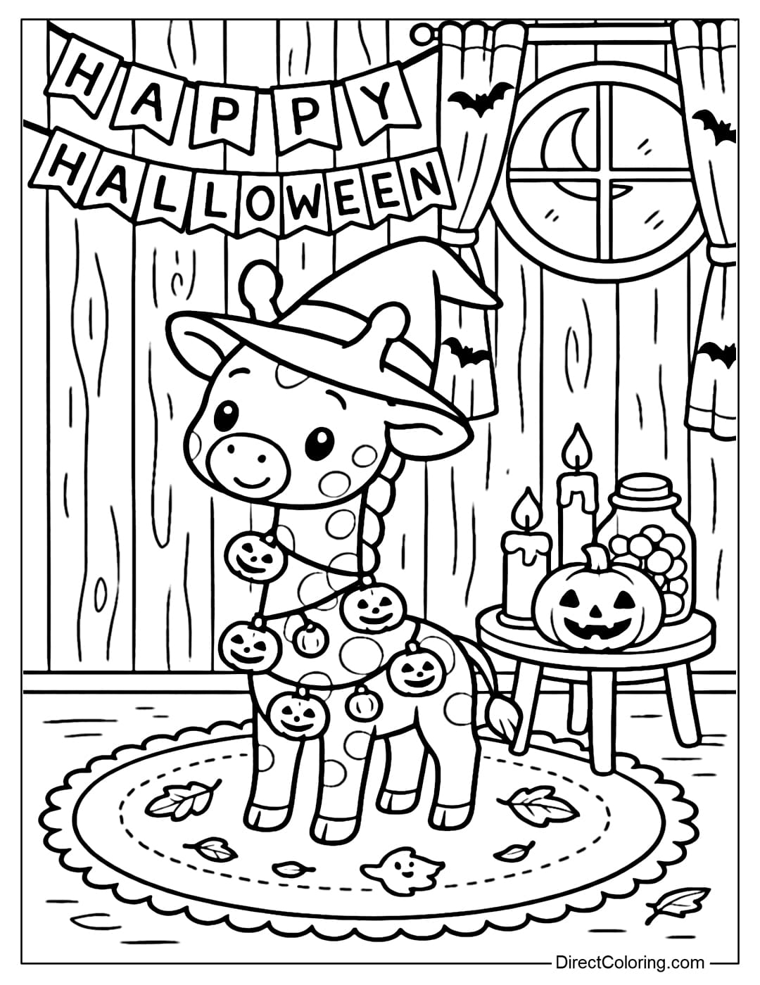 A little giraffe coloring page is standing in a warm Halloween living room, its neck wrapped in a pumpkin lantern.