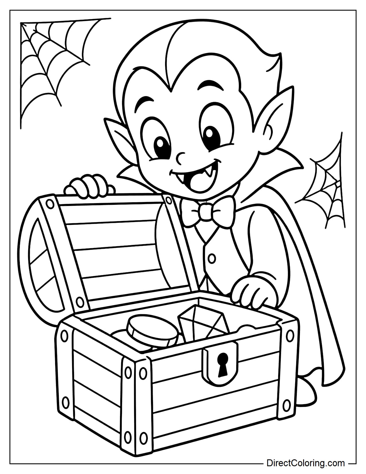 A small vampire is opening an old treasure chest and looking inside with excitement, where several large coins and a gemstone can be seen.