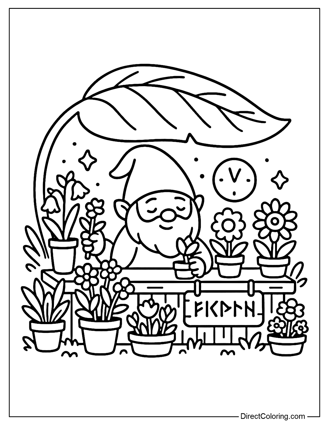 Forest gnome blossom station coloring page, large leaves for roof, price list written in runes