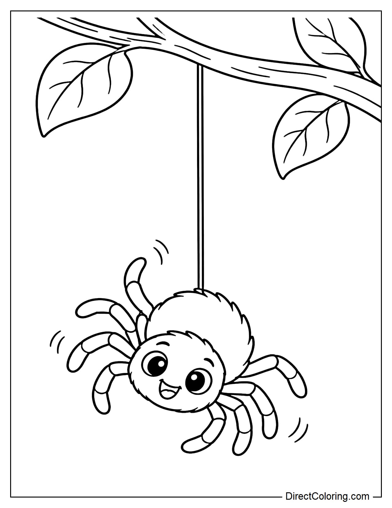 A baby spider slides down a long silk thread from a branch above, leaning slightly with all eight legs spread out.