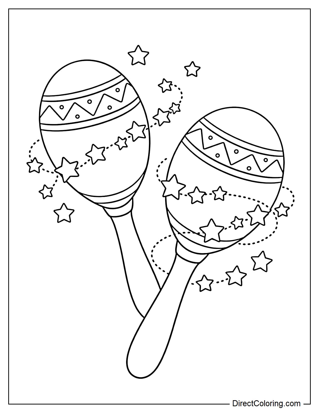 Maracas decorated with zigzag and polka dot patterns, surrounded by swirling bands of sparkling stars.