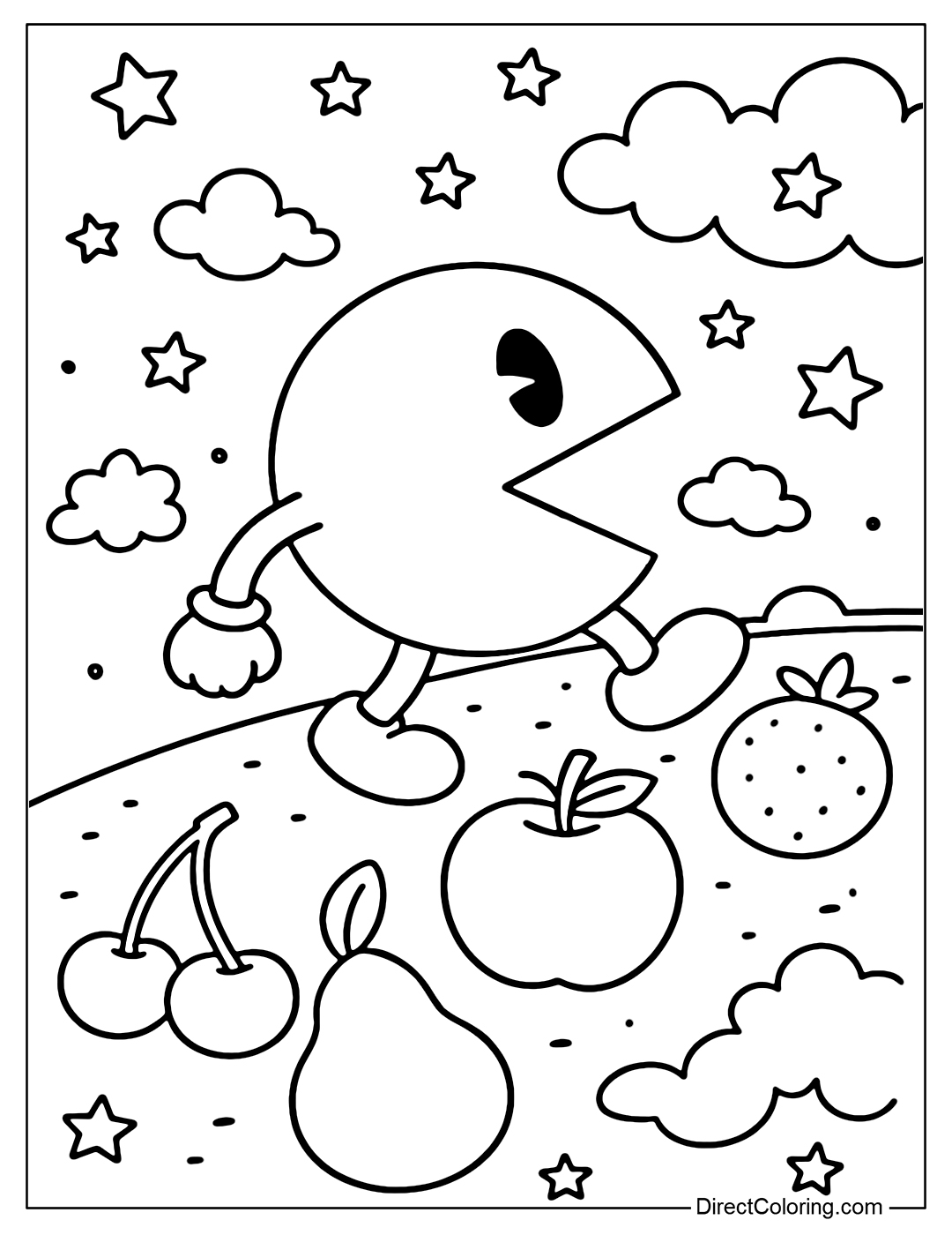 A color page of a chain of fruits forming a curved path for Pac-Man.