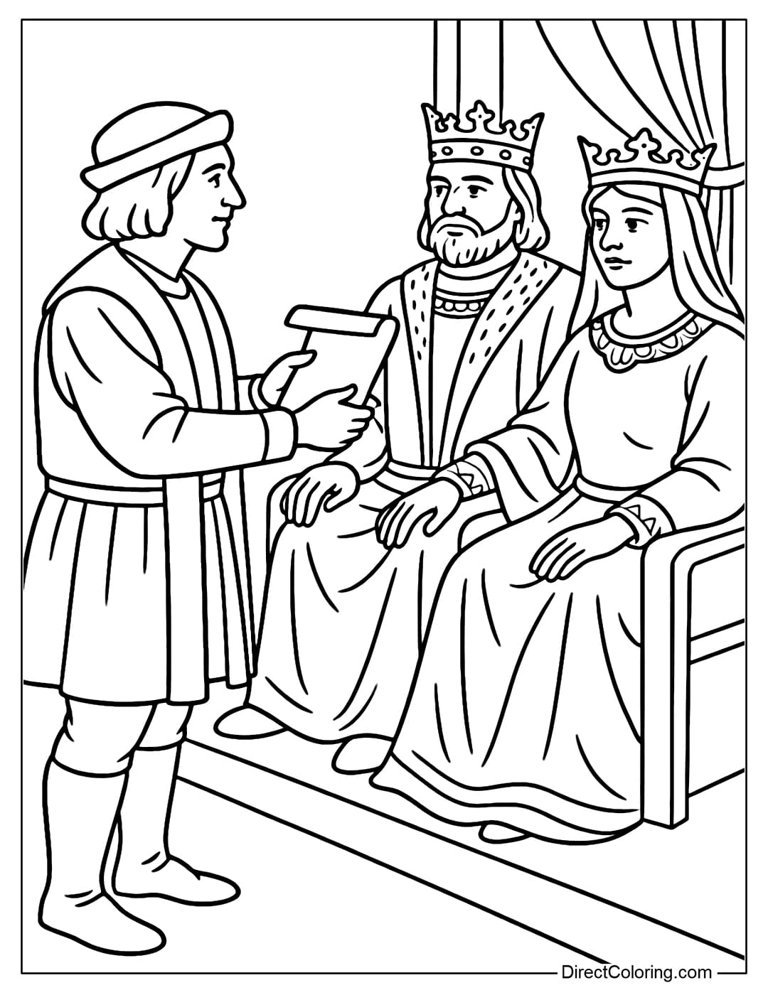 Coloring page of Columbus presenting a Spanish royal letter, surrounded by the king and queen.
