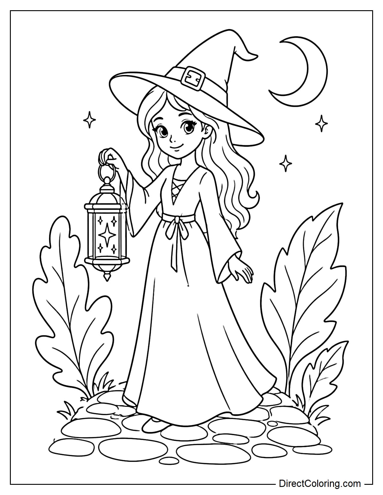An elegant witch in a simple long dress is walking along a stone path while holding a magical lantern in one hand, with a small moon visible behind her.