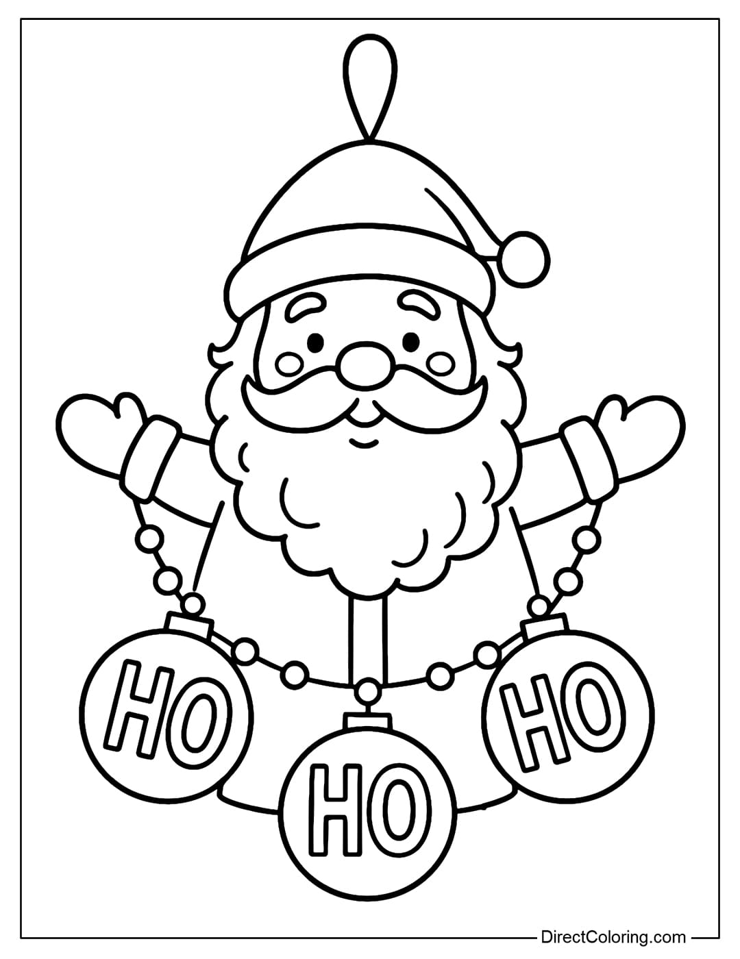 Santa Claus ornament coloring page holding HO HO HO string.