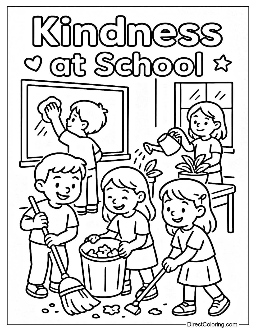 A coloring page of a group of students cleaning up the classroom, one wiping the board, the other watering the plants.