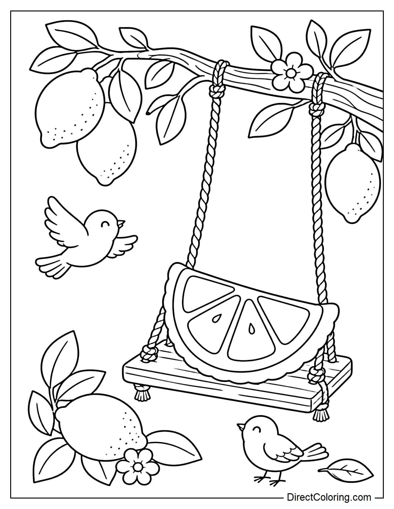 A wooden swing hanging from a lemon tree branch, with a lemon slice-shaped cushion on the seat, surrounded by several large lemons, leaves, and two small birds.