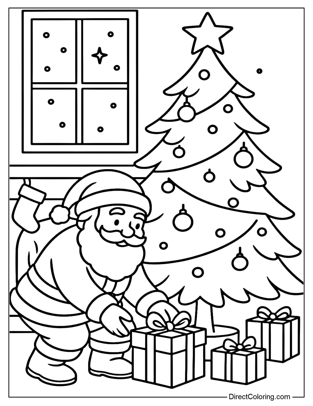 A Santa Claus coloring page placing gift boxes under the Christmas tree.