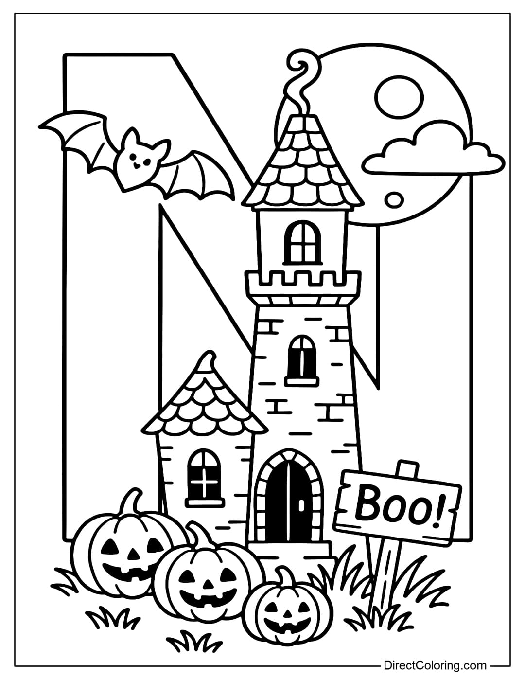 Letter N coloring page is a picture of a small Halloween castle in the middle of a moonlit night. A bat is flying around the tower.