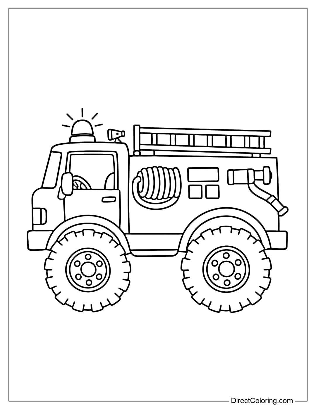 Coloring page of a simple fire truck with few details and large wheels.