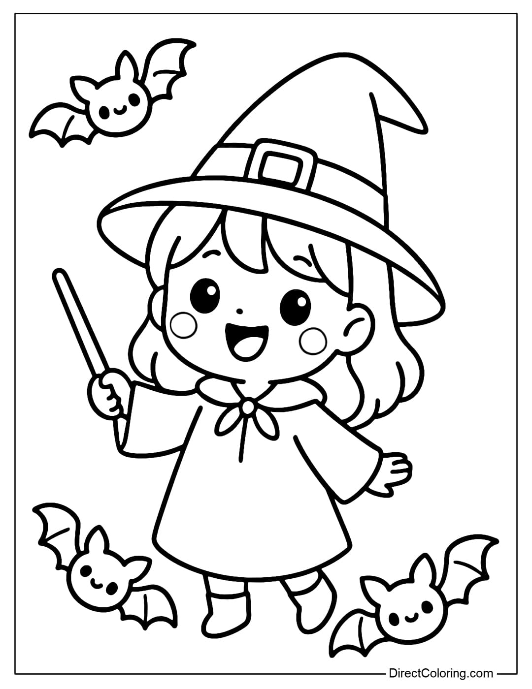 A coloring page of a smiling little witch, surrounded by 2-3 small bats flying around.