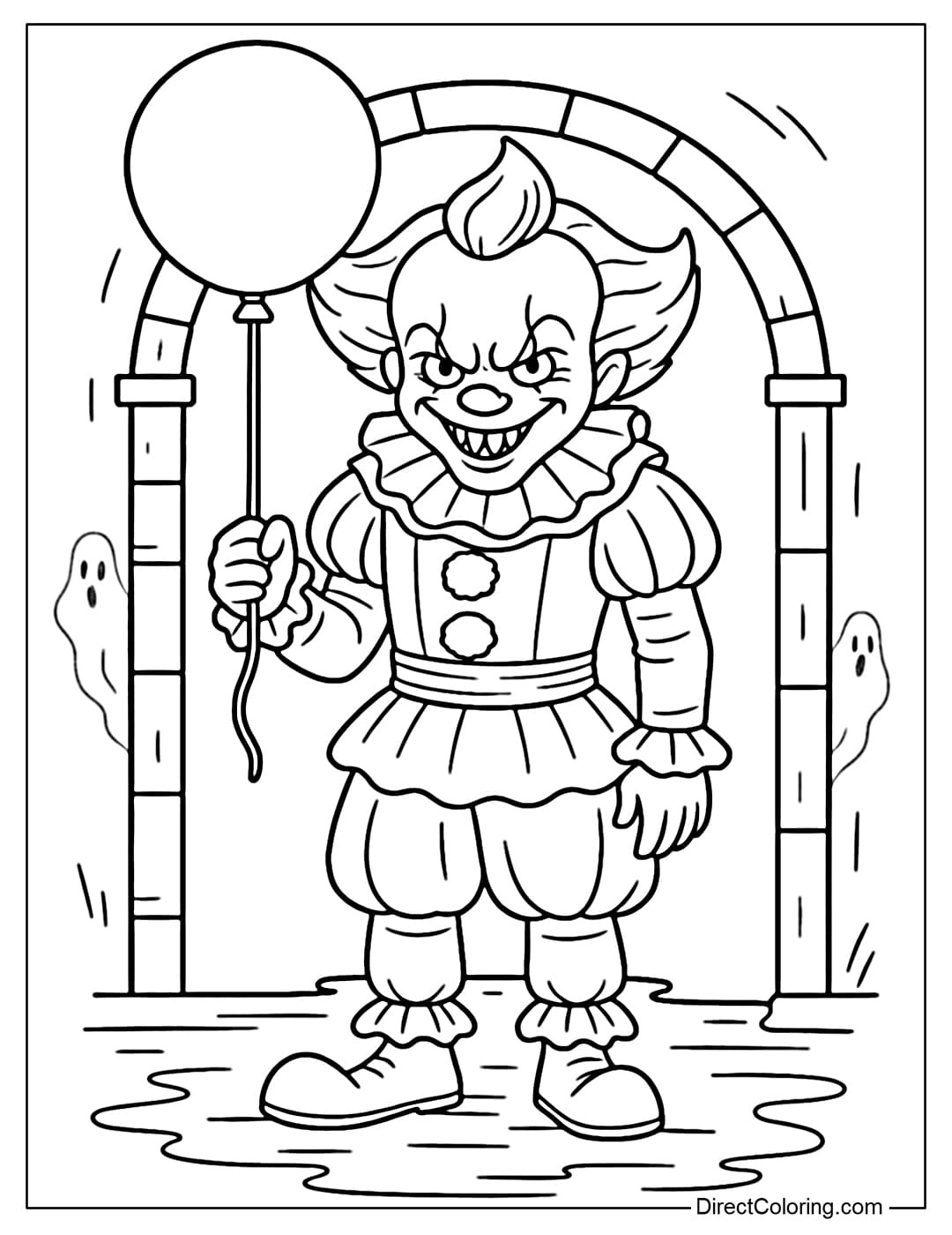 Pennywise the Clown Coloring Page Pennywise the clown coloring page with a creepy smile, holding a red balloon, standing in the sewer, surrounded by dark shadows.