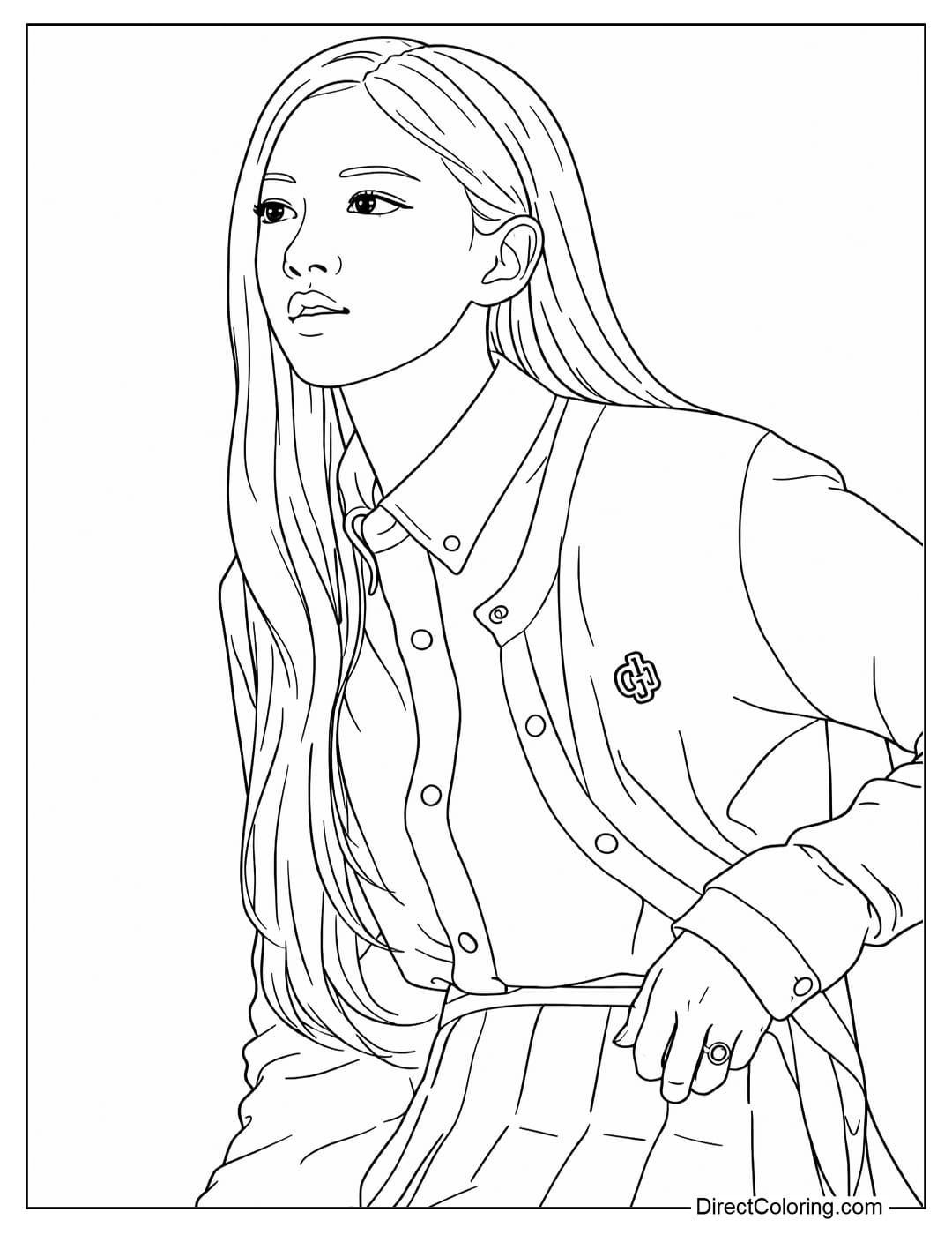 A coloring page of Rosé Blackpink with long, straight hair, wearing a simple shirt and skirt.
