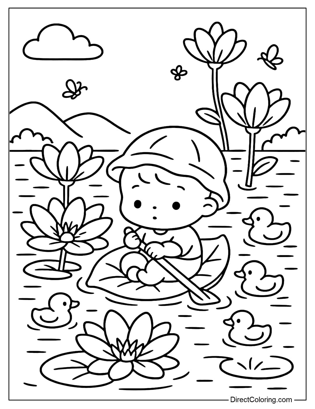 Coloring page of a baby rowing a leaf boat on a giant lily lake.