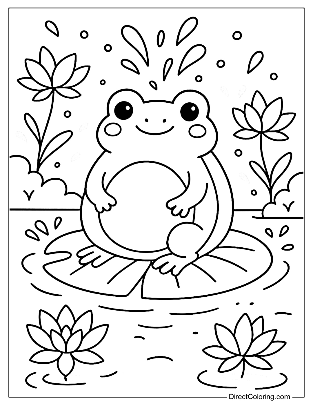 A frog coloring page sitting on a lotus leaf, the body is like half an avocado, the seed part is a round belly.