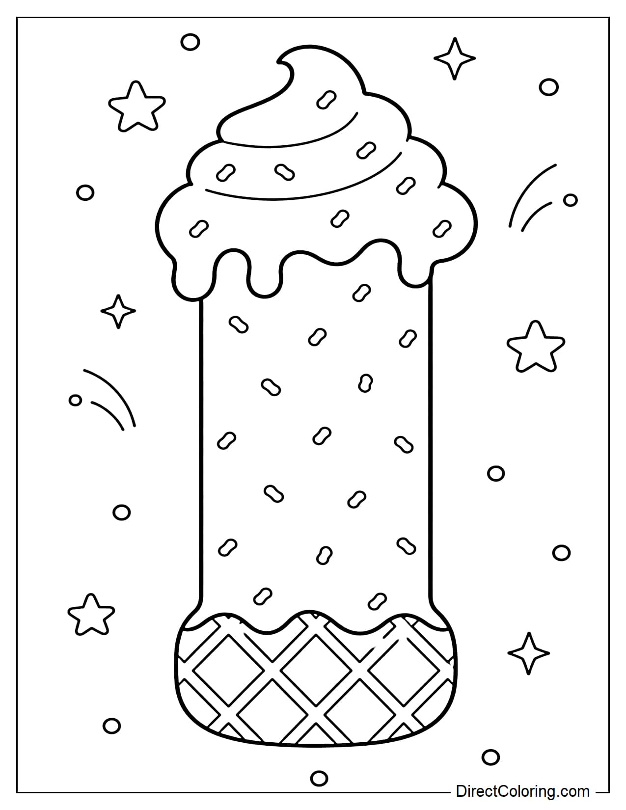 A large uppercase I in a bubble letter format, made from soft serve ice cream. The top is topped with a light, melting ice cream layer. The entire letter is topped with tiny sprinkles, and the base has a waffle texture. Small stars and dots surround the letter.