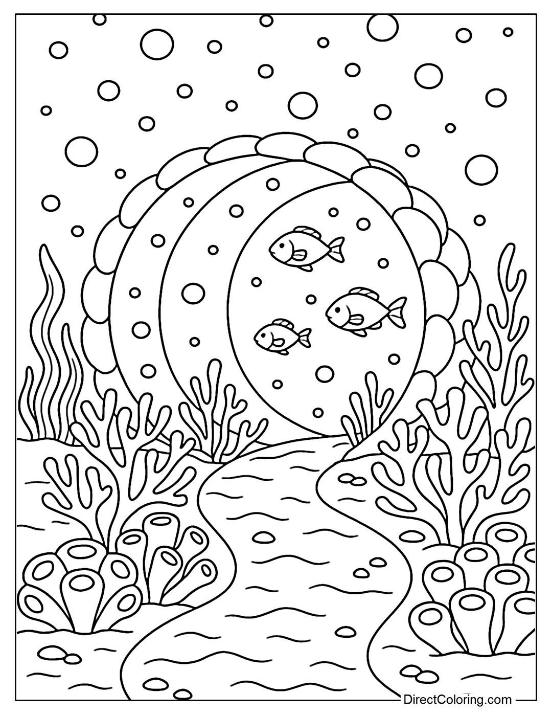 Bubble tunnel coloring page connecting two coral reefs, with fish swimming inside.
