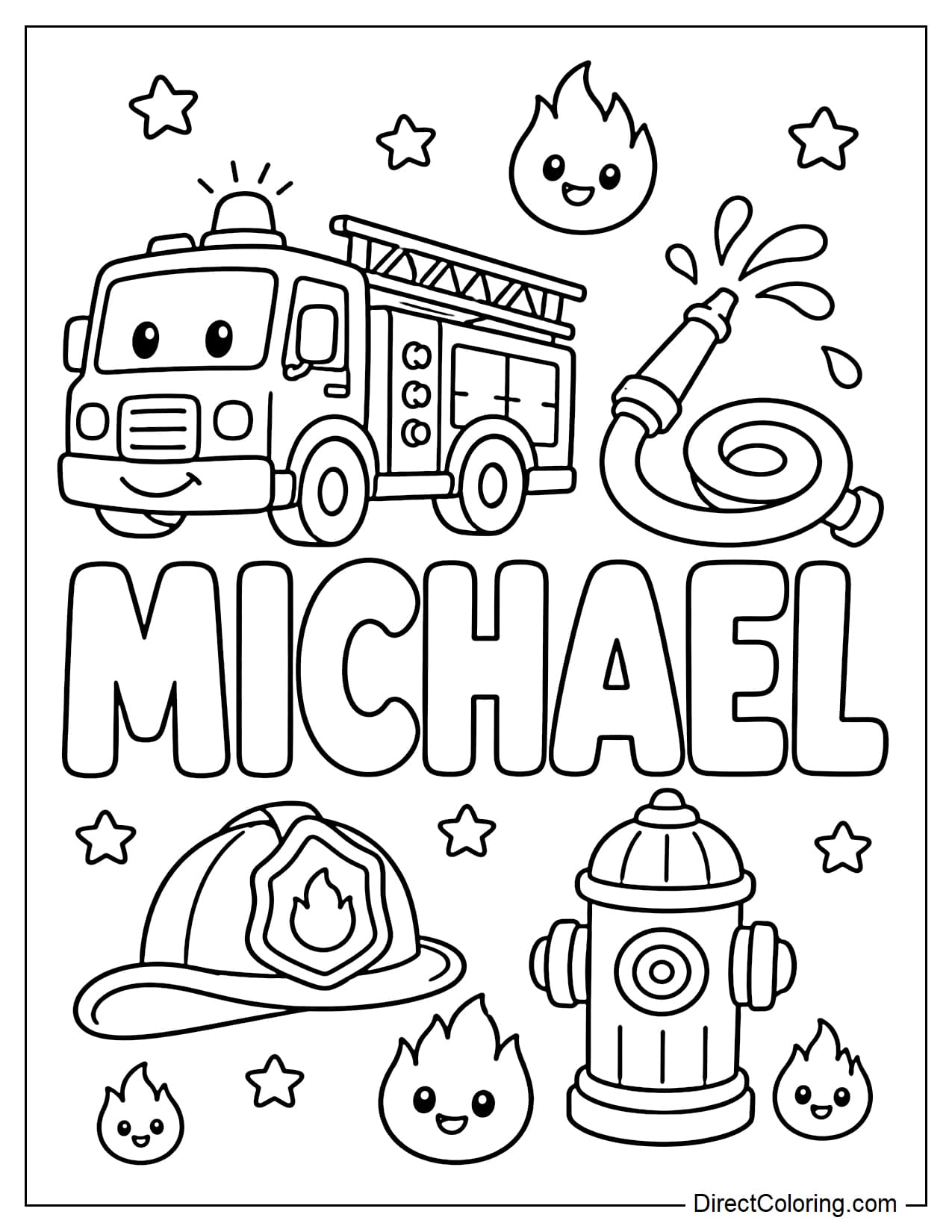 Michael's name is written in bold letters, surrounded by a fire truck, water hose, firefighter's hat, and a small cartoon flame.