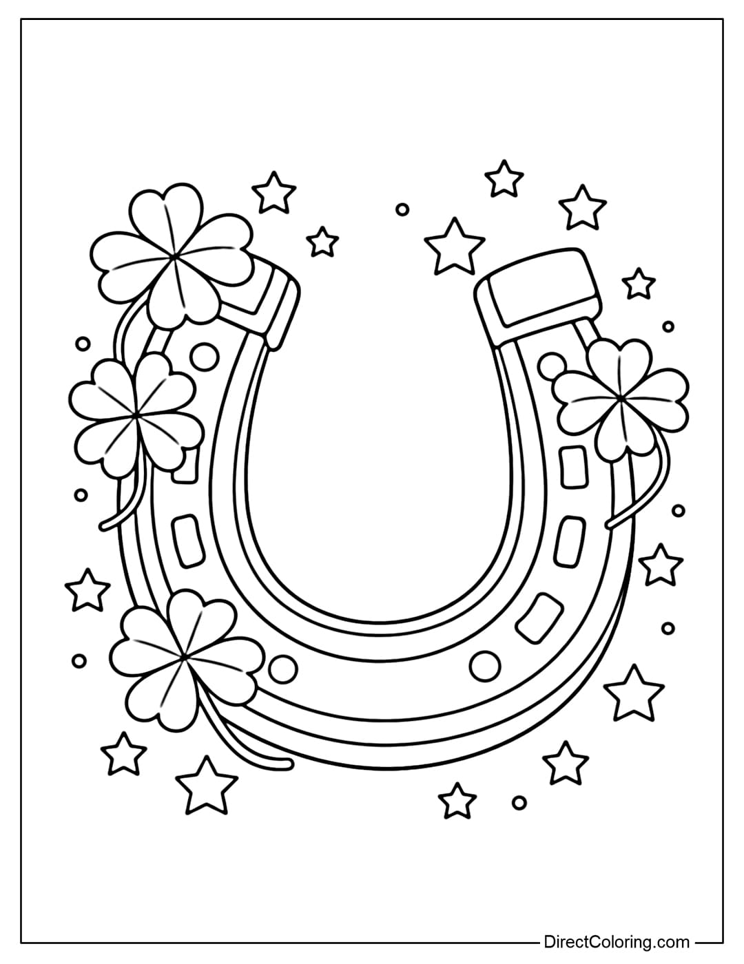 A coloring page of a lucky horseshoe decorated with shamrocks and a small star.