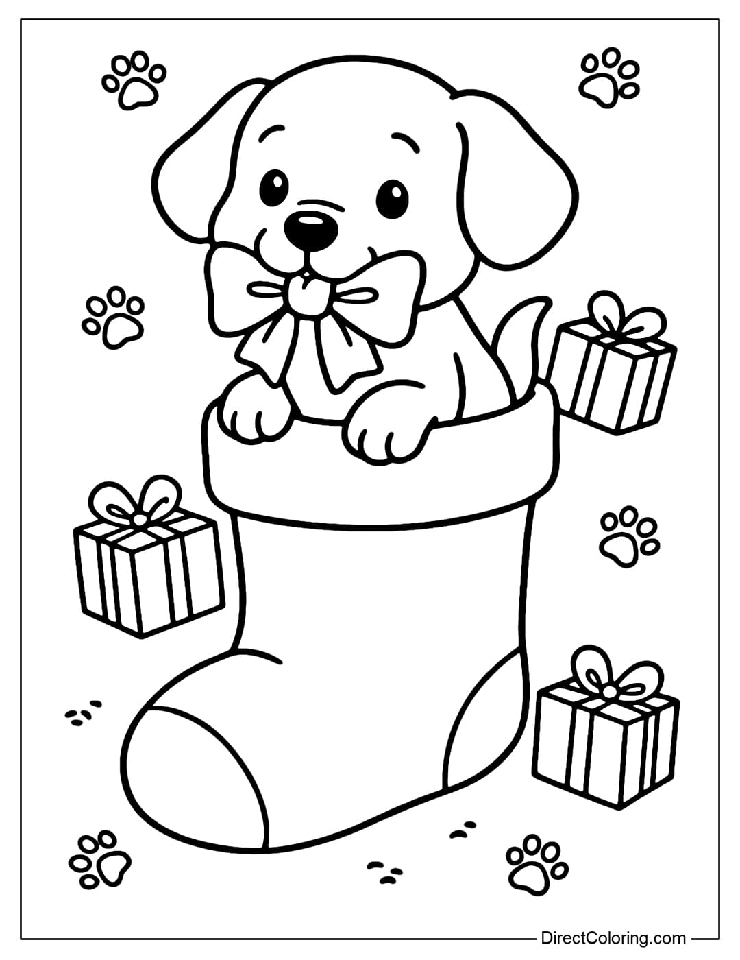 Puppy Christmas Stocking Coloring Page Coloring Page A puppy sits in a big stocking with a red bow in its mouth, surrounded by gift boxes and tiny snow footprints.