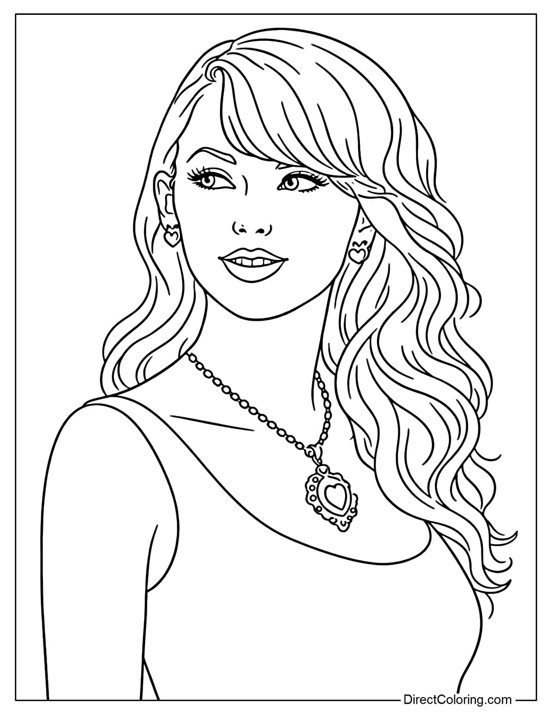 Taylor Swift coloring page showcases Taylor Swift's elegant and regal appearance in a ball gown, classic wavy hair, and gemstone necklace.