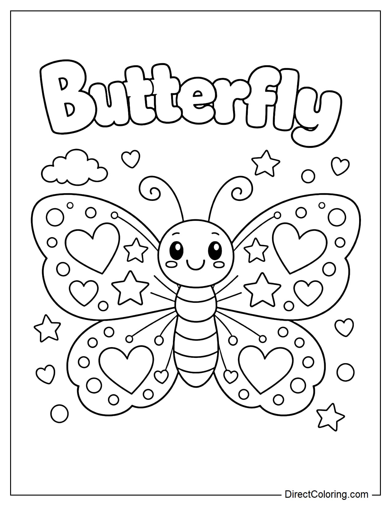A butterfly whose wings are filled with interwoven heart and star patterns with small dots. Above it is the word 