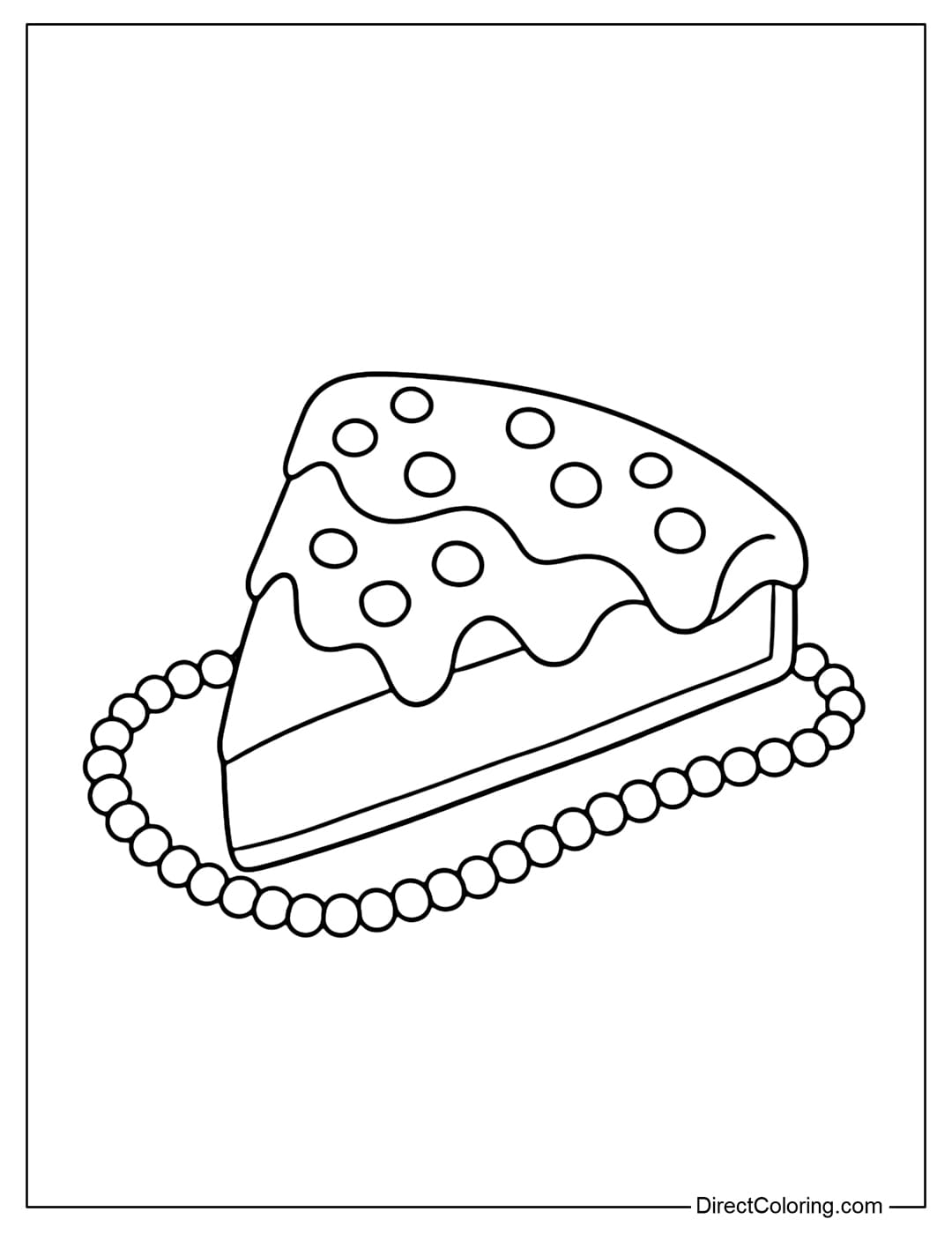 Coloring page of a king cake slice (triangle shape), covered with simple curved icing and some large decorative beads, with a string of small beads next to it.